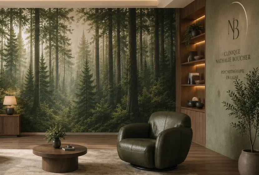 Bureau de la clinique : fauteuil et fresque de forêt
